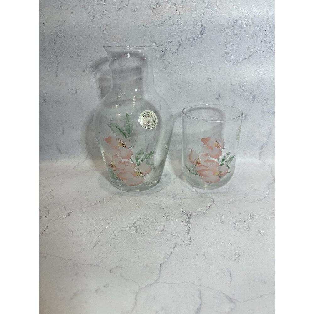 Vintage Bedside Carafe Set Crystal Clear Hand Painted Pink Floral Glass